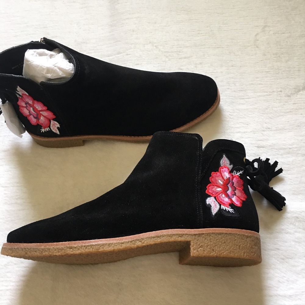 Kate Spade Bellville Too Black Floral Embroidered Suede Ankle Boots